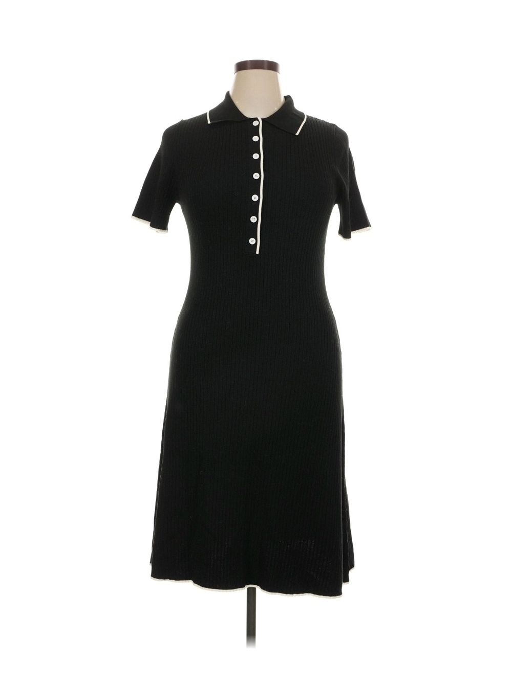 Black Polo Knit Short-Sleeve Dress with White Trim